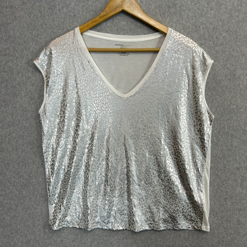 Majestic Filatures Boxy Tee Top White Silver Metallic Leopard V-Neck Size 3 / M